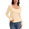 image:imageLYANER Womens Square Neck Frill Ruched Long Sleeve Babydoll Peplum Top Blouse ShirtLight Apricot