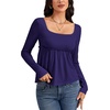 image:imageLYANER Womens Square Neck Frill Ruched Long Sleeve Babydoll Peplum Top Blouse ShirtNavy Blue