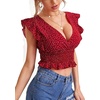 image:imageLYANER Womens V Neck Ruffle Cap Sleeve Shirred Blouse Sexy Crop Tank TopRed