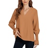 image:imageLYANER Womens V Neck Shirred Bell Long Sleeve Blouse Casual Tunic TopBrown