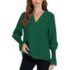 image:imageLYANER Womens V Neck Shirred Bell Long Sleeve Blouse Casual Tunic TopDark Green