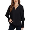 image:imageLYANER Womens V Neck Shirred Bell Long Sleeve Blouse Casual Tunic TopSolid Black
