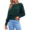 image:imageLYANER Womens Crewnec Frill Long Sleeve Shirred Pleated Hem Pullover Blouse Casual Shirt TopDark Green