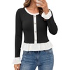 image:imageLYANER Womens Cute Color Block Long Sleeve Ruffle Hem Ribbed Shirt Elegant Business Casual Work TopsBlack
