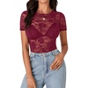 image:imageLYANER Womens Lace Top Cute Short Sleeve Fitted Mesh Sheer T Shirt Going Out Tee TopsDark Red