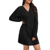 image:imageLYANER Womens Lace Trim V Neck Long Sleeve Pleated Ribbed Knit Loose Sleepwear NightgownBlack