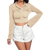 image:imageLYANER Womens Ruched Front Button Down V Neck Bell Long Sleeve Crop Tops Dressy Blouse ShirtBeige