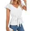 image:imageLYANER Womens Ruffle Cap Sleeve V Neck Tie Belt Dressy Casual Work Blouse Top ShirtWhite