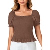 image:imageLYANER Womens Ruffle Peplum Smock Gingham Crop Top Square Neck Puff Short Sleeve Blouse ShirtSolid Brown