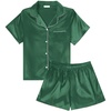 image:imageLYANER Womens Satin Silk Pajamas Short Sleeve Button Shirt with Shorts Set PJ SleepwearDark Green