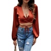 image:imageLYANER Womens Satin Wrap V Neck Criss Cross Tie Long Sleeve Crop Blouse TopBrown
