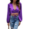 image:imageLYANER Womens Satin Wrap V Neck Criss Cross Tie Long Sleeve Crop Blouse TopPurple