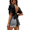 image:imageLYANER Womens Self Tie Back Scoop Neck Layer Ruffle Trim Short Sleeve Crop Top Blouse ShirtBlack