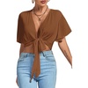 image:imageLYANER Womens Sexy Deep V Neck Tie Front Wrap Cropped Blouse Bell Short Sleeve Ruffle Crop TopsBrown