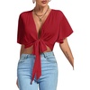 image:imageLYANER Womens Sexy Deep V Neck Tie Front Wrap Cropped Blouse Bell Short Sleeve Ruffle Crop TopsBurgundy