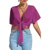 image:imageLYANER Womens Sexy Deep V Neck Tie Front Wrap Cropped Blouse Bell Short Sleeve Ruffle Crop TopsDark Purple