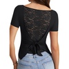image:imageLYANER Womens Sexy Floral Lace Tie Back Tops Boat Neck Short Sleeve Fitted Going Out Trendy BlouseBlack