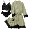 image:imageLYANER Womens Sexy Silk Satin Pajamas Set 4pcs Lingerie Nightwear Floral Lace Cami Pjs Sleepwear with RobePea Green