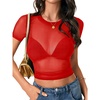 image:imageLYANER Womens Sheer Mesh Tops Sexy Short Sleeve See Through Shirt Slim Fit Going Out Crop TopRed