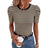 image:imageLYANER Womens Short Puff Sleeve Cotton Tops Crew Neck Striped Shirt Blouse Trendy Going Out TopsBeige