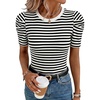 image:imageLYANER Womens Short Puff Sleeve Cotton Tops Crew Neck Striped Shirt Blouse Trendy Going Out TopsWhite