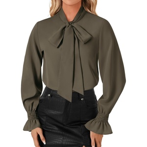 image:imageLYANER Womens Bow Tie Neck Blouse Ruffle Long Sleeve Business Dressy Office Shirt TopArmy Green