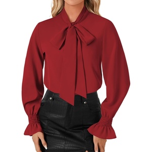 image:imageLYANER Womens Bow Tie Neck Blouse Ruffle Long Sleeve Business Dressy Office Shirt TopBurgundy