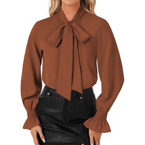 image:imageLYANER Womens Bow Tie Neck Blouse Ruffle Long Sleeve Business Dressy Office Shirt TopCaramel