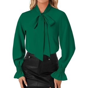 image:imageLYANER Womens Bow Tie Neck Blouse Ruffle Long Sleeve Business Dressy Office Shirt TopDark Green
