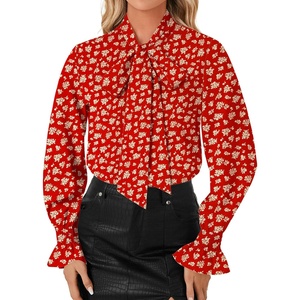 image:imageLYANER Womens Bow Tie Neck Blouse Ruffle Long Sleeve Business Dressy Office Shirt TopFloral Red