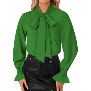 image:imageLYANER Womens Bow Tie Neck Blouse Ruffle Long Sleeve Business Dressy Office Shirt TopGrass Green