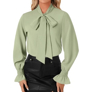 image:imageLYANER Womens Bow Tie Neck Blouse Ruffle Long Sleeve Business Dressy Office Shirt TopLight Green