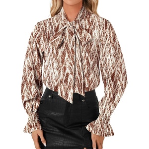 image:imageLYANER Womens Bow Tie Neck Blouse Ruffle Long Sleeve Business Dressy Office Shirt TopSnakeskin Brown
