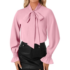 image:imageLYANER Womens Bow Tie Neck Blouse Ruffle Long Sleeve Business Dressy Office Shirt TopSolid Pink