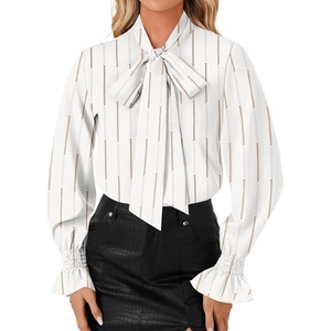image:imageLYANER Womens Bow Tie Neck Blouse Ruffle Long Sleeve Business Dressy Office Shirt TopStripe White