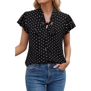 image:imageLYANER Womens Bow Tie Neck Ruffle Short Sleeve Button Down Business Casual Blouse TopsBlack