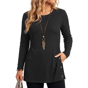 image:imageLYANER Womens Button Split Slit Sides Scoop Neck Long Sleeve Blouse Tunic TopBlack