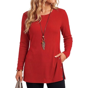 image:imageLYANER Womens Button Split Slit Sides Scoop Neck Long Sleeve Blouse Tunic TopBurgundy