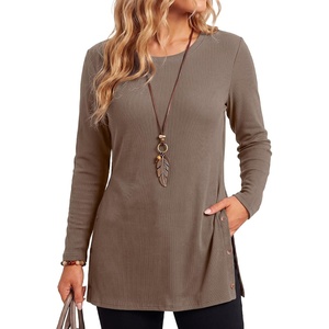 image:imageLYANER Womens Button Split Slit Sides Scoop Neck Long Sleeve Blouse Tunic TopDark Brown