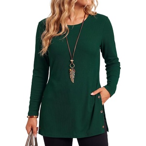 image:imageLYANER Womens Button Split Slit Sides Scoop Neck Long Sleeve Blouse Tunic TopDark Green