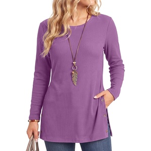 image:imageLYANER Womens Button Split Slit Sides Scoop Neck Long Sleeve Blouse Tunic TopDark Purple