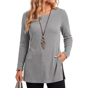 image:imageLYANER Womens Button Split Slit Sides Scoop Neck Long Sleeve Blouse Tunic TopLight Gray