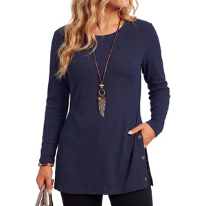 image:imageLYANER Womens Button Split Slit Sides Scoop Neck Long Sleeve Blouse Tunic TopNavy Blue