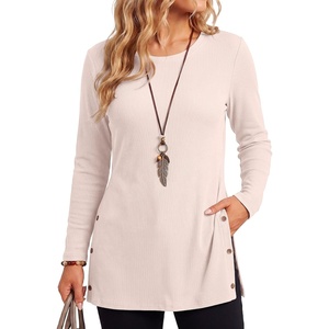 image:imageLYANER Womens Button Split Slit Sides Scoop Neck Long Sleeve Blouse Tunic TopOffwhite