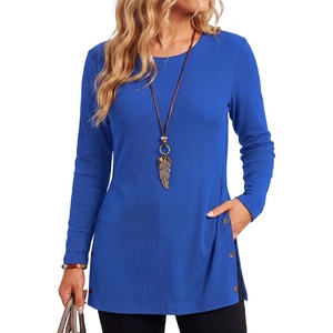 image:imageLYANER Womens Button Split Slit Sides Scoop Neck Long Sleeve Blouse Tunic TopRoyal Blue