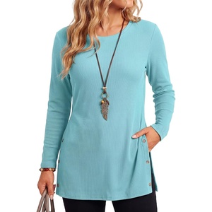 image:imageLYANER Womens Button Split Slit Sides Scoop Neck Long Sleeve Blouse Tunic TopTurquoise