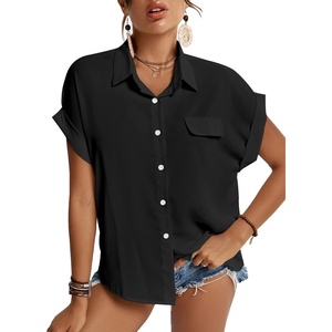 image:imageLYANER Womens Casual Collared Rolled Up Cap Sleeves Button Down Work Blouse Shirt TopsBlack