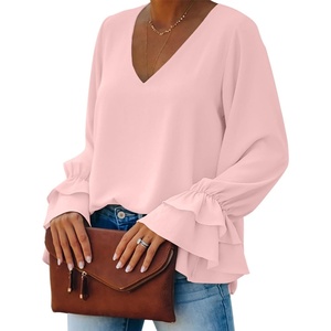 image:imageLYANER Womens Casual V Neck Tiered Ruffle Bell Long Sleeve Blouse Shirt Tunic TopBaby Pink