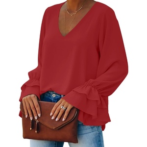 image:imageLYANER Womens Casual V Neck Tiered Ruffle Bell Long Sleeve Blouse Shirt Tunic TopBurgundy