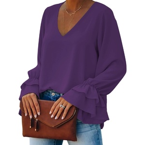 image:imageLYANER Womens Casual V Neck Tiered Ruffle Bell Long Sleeve Blouse Shirt Tunic TopDark Purple